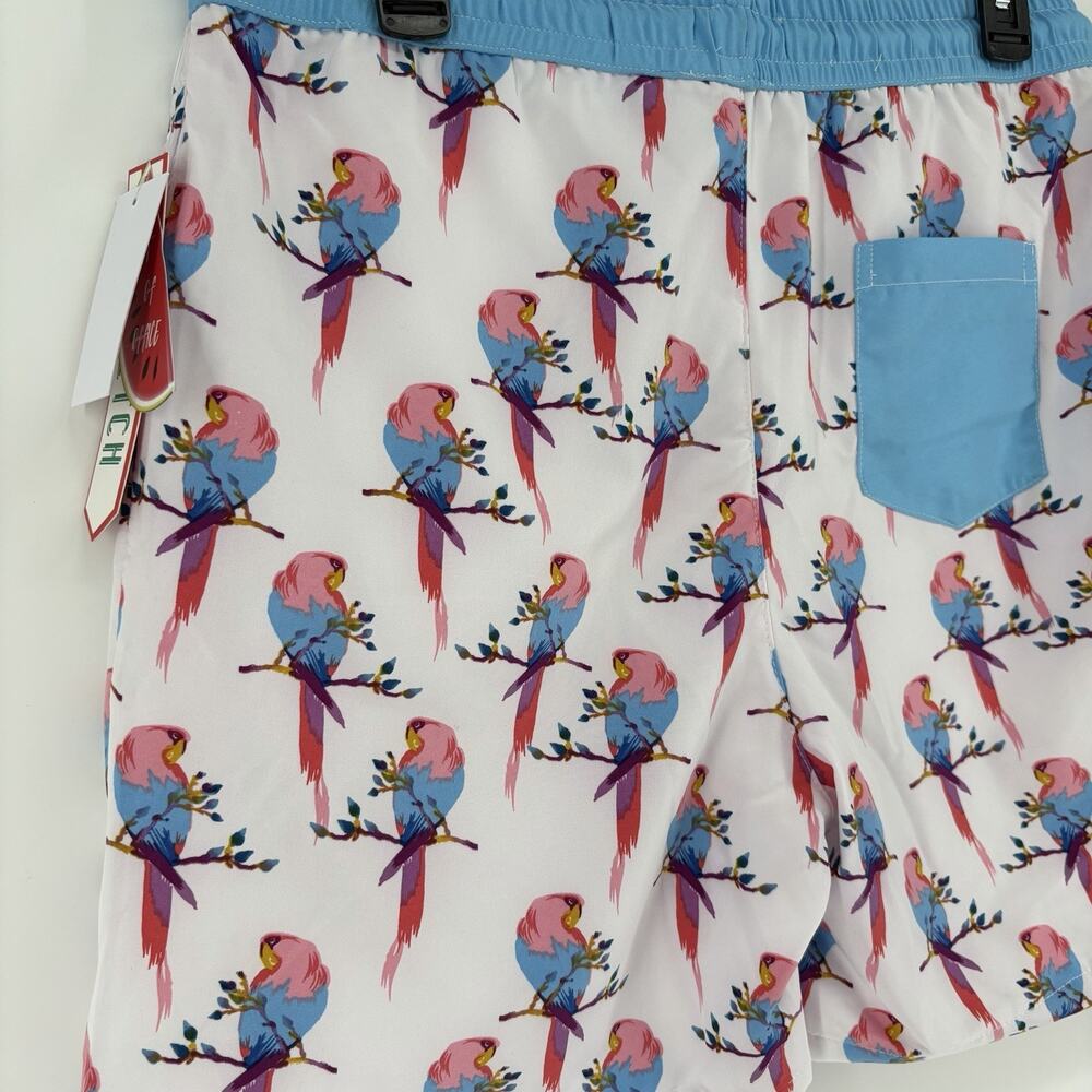 NEW Public Record Mens Drawstring Swim Shorts Large Parakeet Bird Print - Picture 8 of 9